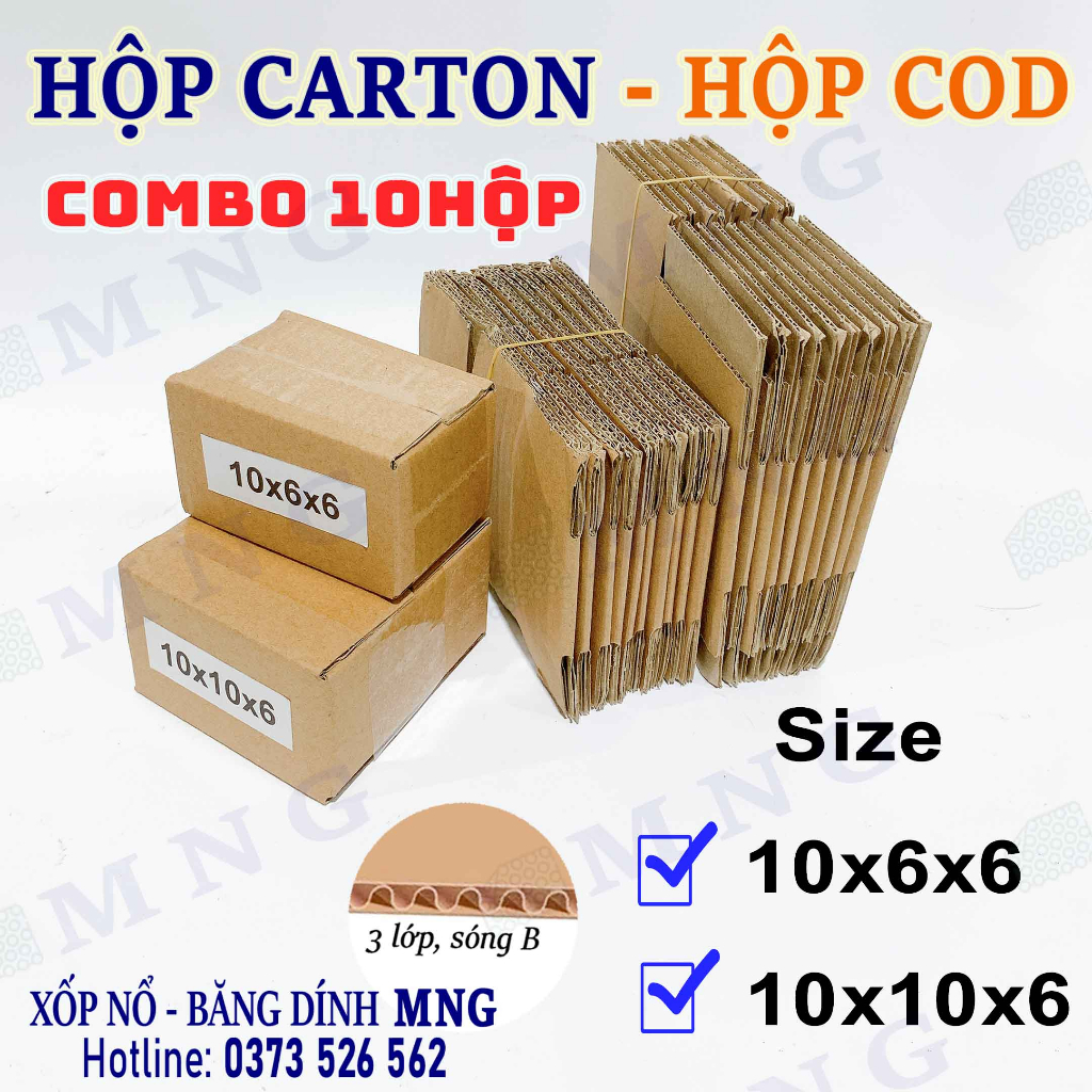 Combo 10 Hộp carton đóng gói hàng size 10x6x6, 10x10x6