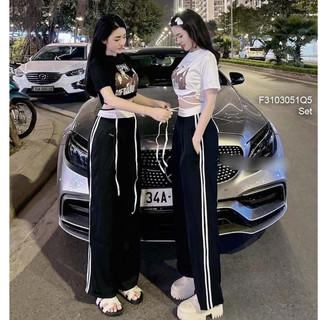 Set áo thun croptop rút dây tay ngắn+ quần ống suông dài!