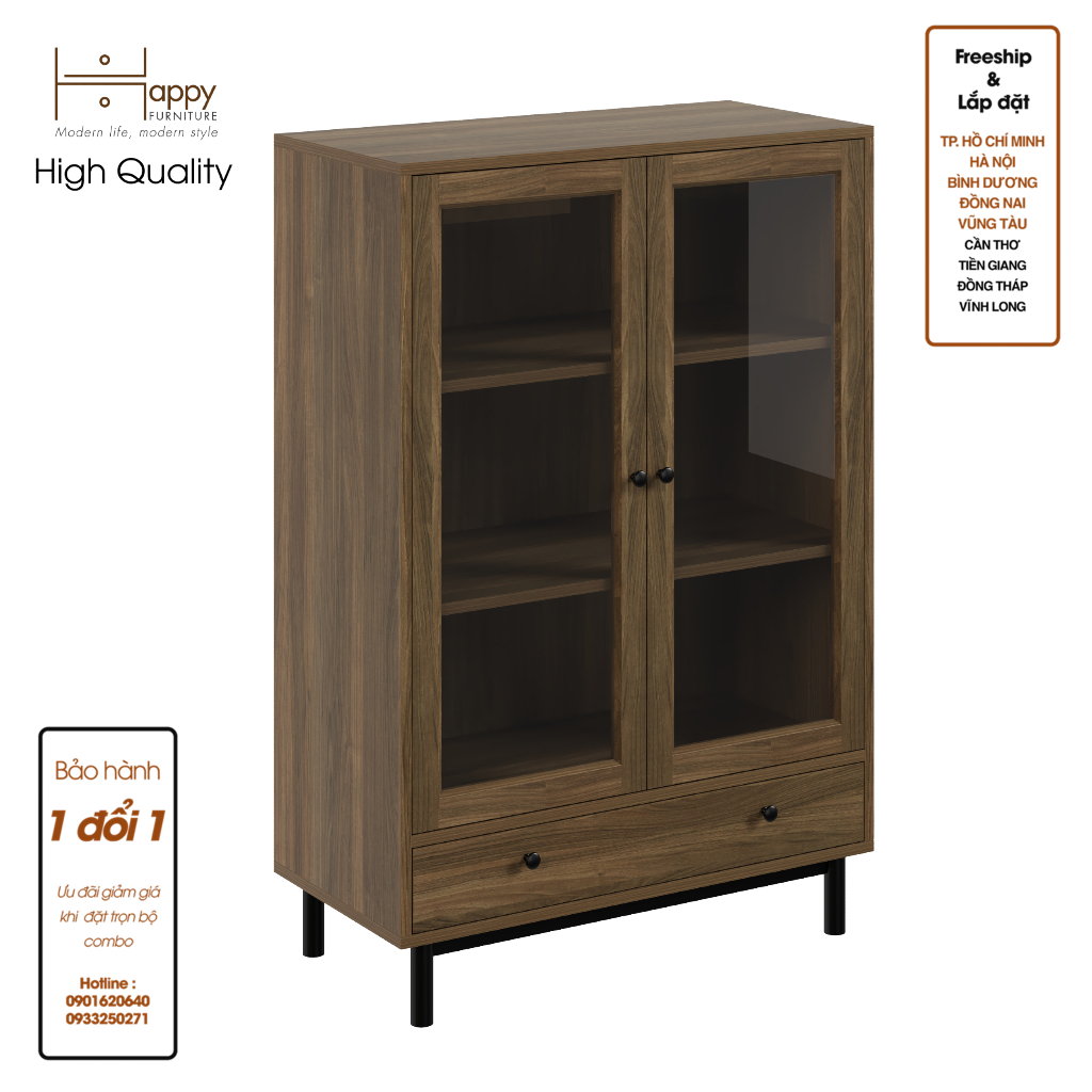 HAPPY FURNITURE , Kệ sách 3 tầng cửa kính 1 ngăn kéo chân sắt - CATY , KSA_022 , 80cm x 39cm x 120cm