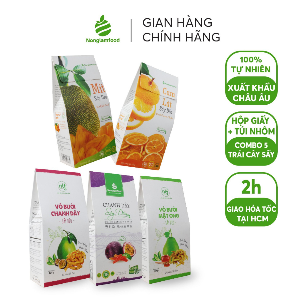 Combo Giàu chất xơ - 5 Hộp trái cây sấy Nonglamfood | Siêu Khoáng Chất | Tăng sức đề kháng | Chuẩn xuất khẩu châu Âu