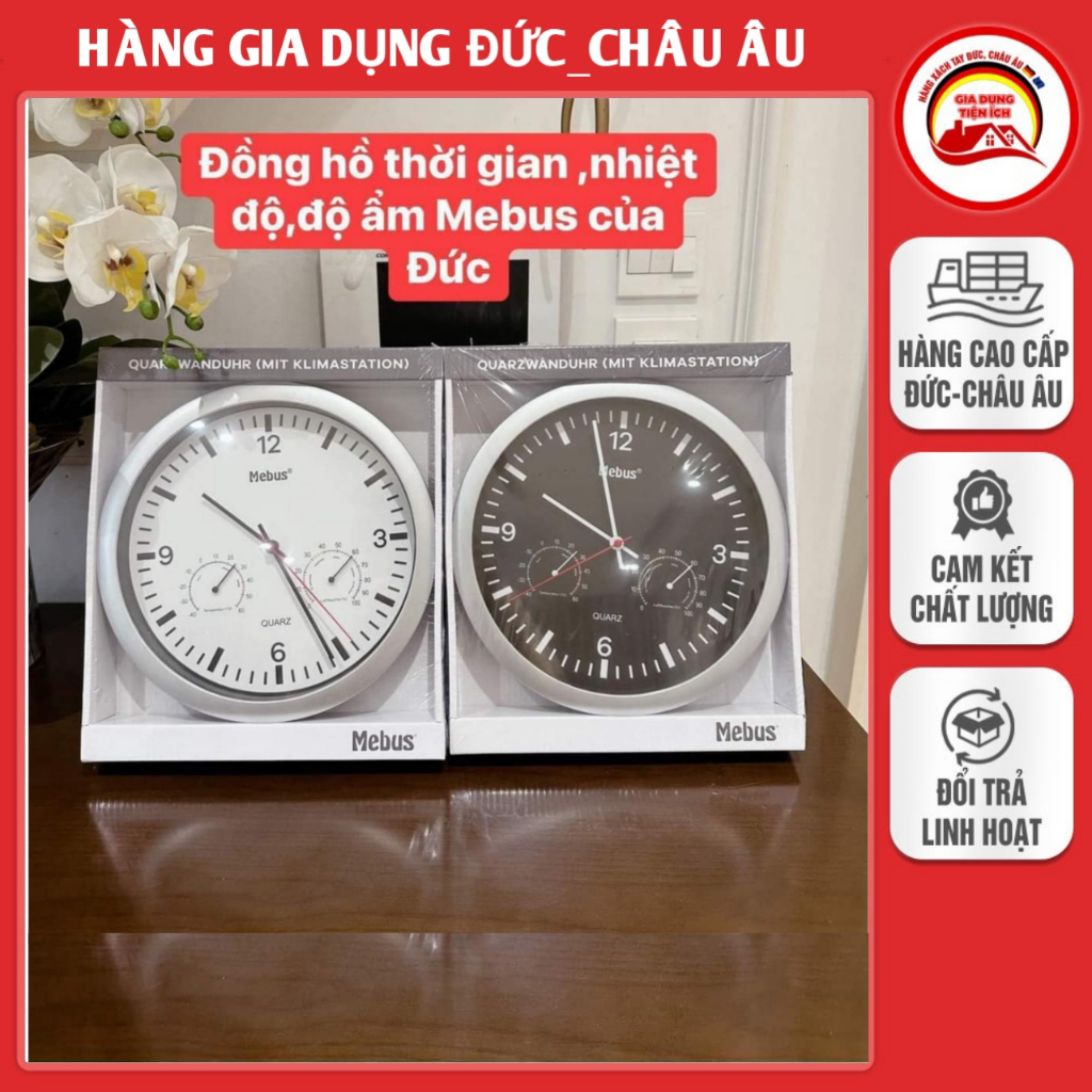 Đồng hồ treo tường MEBUS 30cm, xem giờ, báo nhiệt độ, độ ẩm - hàng Đức