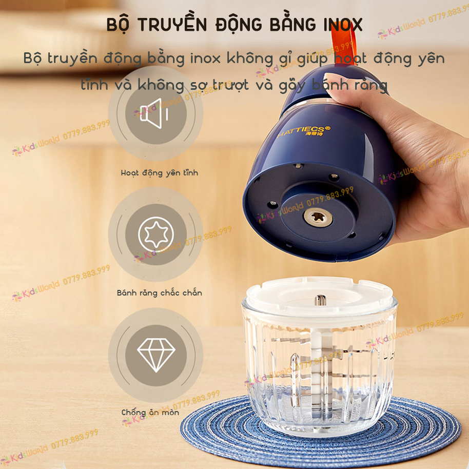 Máy xay ăn dặm cho bé KidsWorld Hattiecs 8 lưỡi dao và 6 lưỡi dao cối thuỷ tinh dung tích 300ml xay thit, sinh tố, tỏi ớ