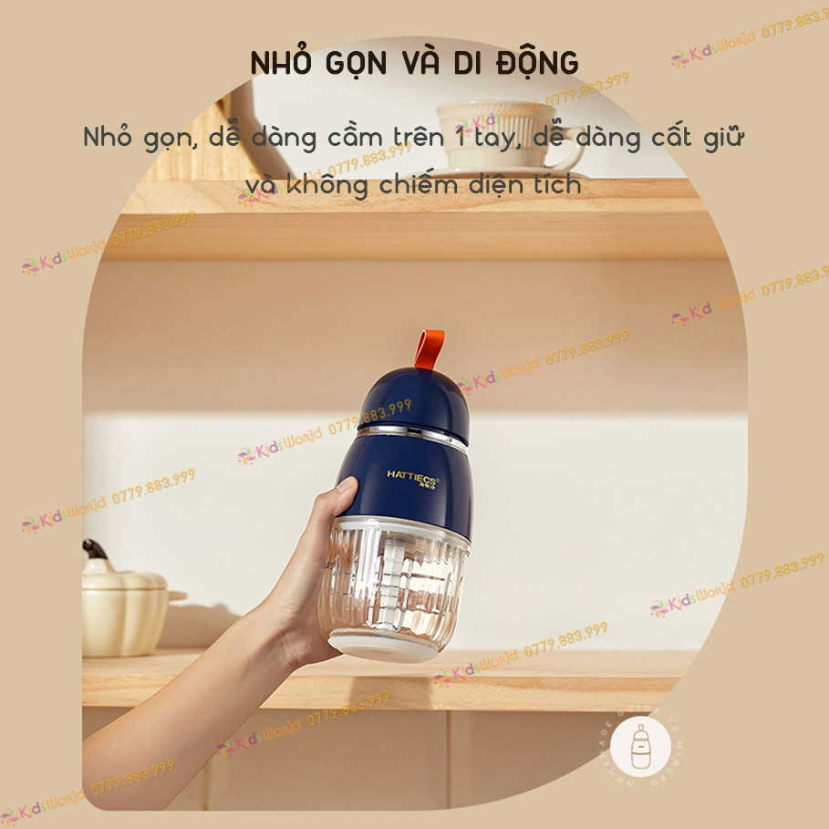 Máy xay ăn dặm cho bé KidsWorld Hattiecs 8 lưỡi dao và 6 lưỡi dao cối thuỷ tinh dung tích 300ml xay thit, sinh tố, tỏi ớ