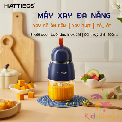 Máy xay ăn dặm cho bé KidsWorld Hattiecs 8, 11 lưỡi dao cối thuỷ tinh 300ml xay thịt xay sinh tố
