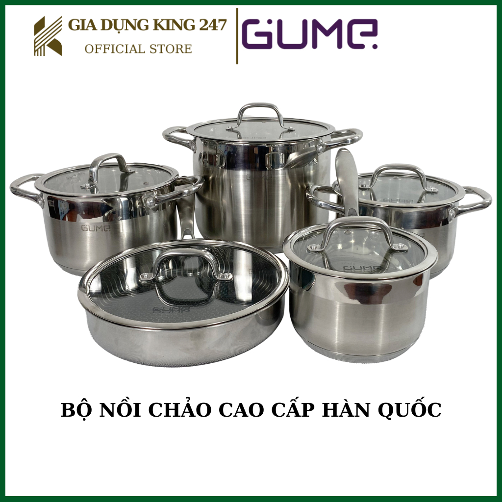 Bộ nồi chảo Inox chống dính 5 lớp đáy GUME GMPPS-2201, bộ nồi chảo bếp từ 5 món nắp kính - Bảo Hành 5 Năm