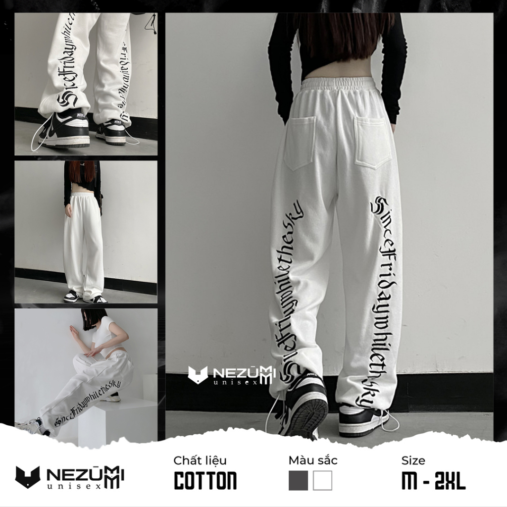 (Sẵn Trắng, Xám) Quần jogger rút dây gấu oversize thêu chữ mặt sau cá tính, ống xuông cotton hip hop Hàn Quốc