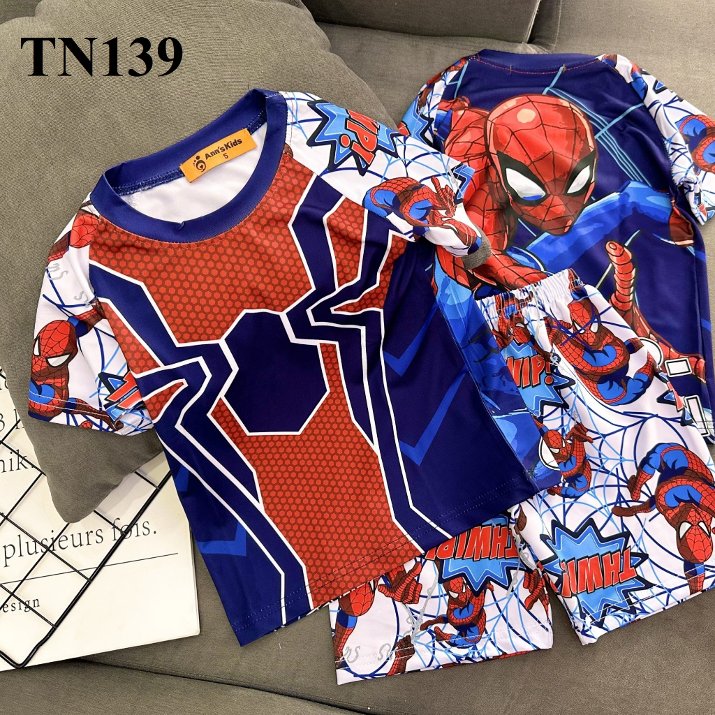 Bộ quần áo siêu nhân người nhện, khổng lồ xanh, người sắt chất thun lạnh in 3D size đại cho bé trai 22-42 kg