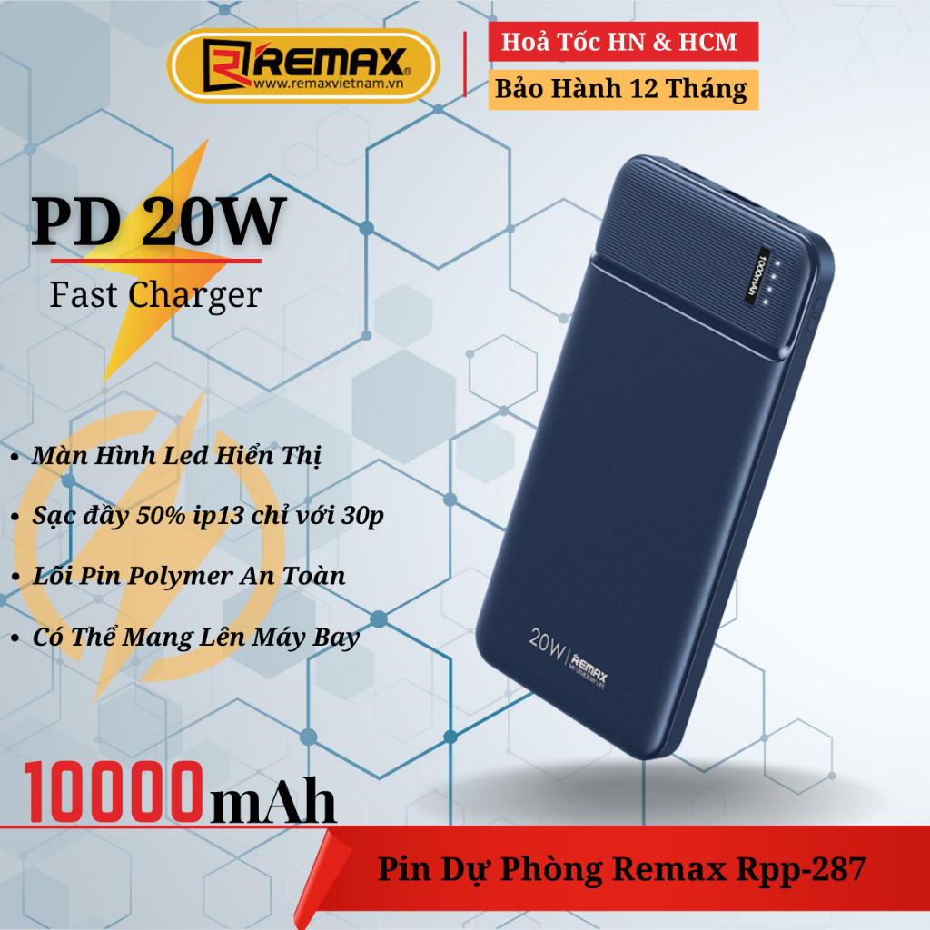 Pin sạc dự phòng 10000mAh 20W Remax RPP-287 - Sạc Nhanh 20W- Bảo Hành Chính Hãng 12 Tháng Lỗi 1 Đổi 1