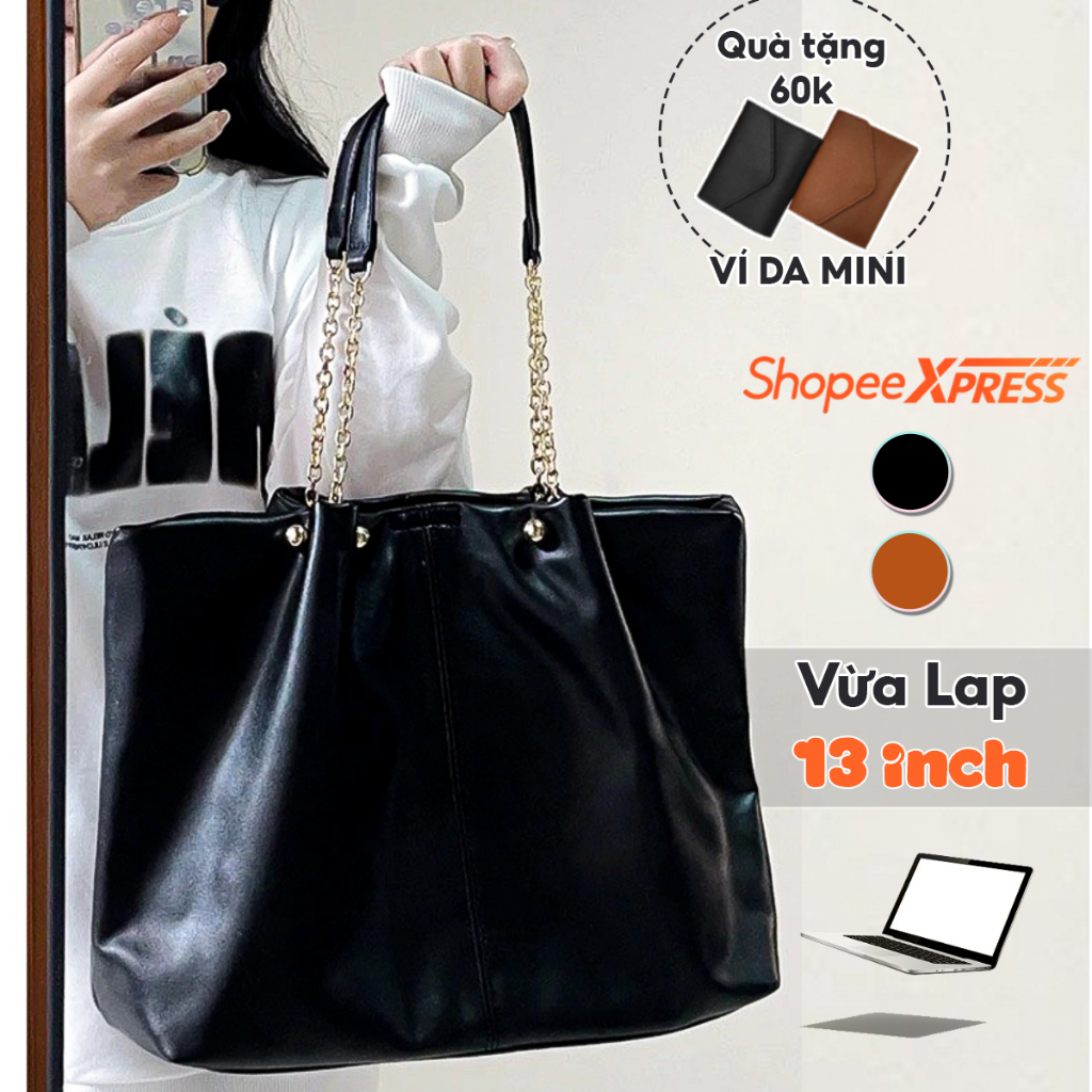 Túi tote da mềm Patronus túi xách đựng A4 và laptop, chất liệu da PU mềm kiểu dáng basic quai dây xích cách điệu