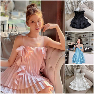 🔥[HOT]🔥 Đầm suông lụa bóng cao cấp dập ly 2 lớp đính nơ siêu xinh
