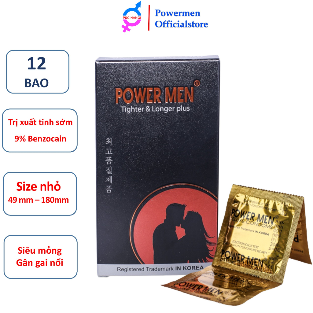 Bao cao su size việt Powermen TIGHTER & LONGER plus Gân gai ôm khít chứa 9% Benzocain kéo dài thời gian size nhỏ 49mm