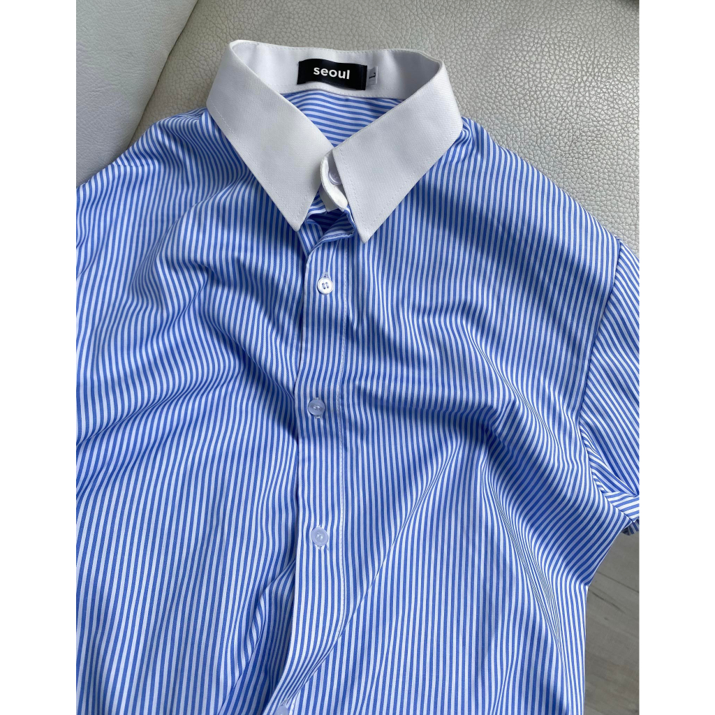 Áo sơ mi kẻ sọc phối cutaway form rộng hàn quốc vải cotton cao cấp, thấm hút mồ hôi tốt - SEOUL