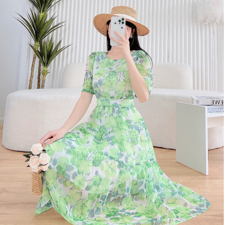Váy đầm hoa nhí dáng suông chất voan tơ cao cấp thắt eo mặc tôn dáng thiết kế Evafashion