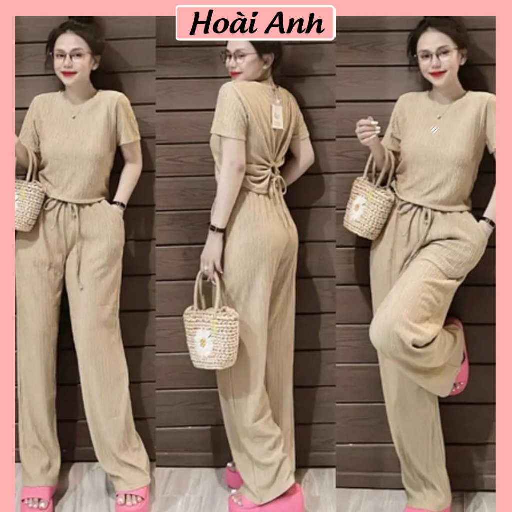 Set Bộ Nữ Áo Phông Xốp Đũi Cổ Tròn Cut Out Dây Rút Lưng Mix Quần Suông Ống Rộng Freesize