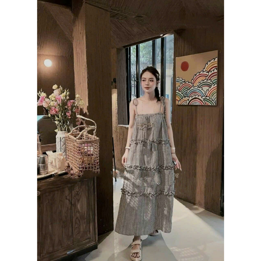 Váy bầu công sở mùa hè mẫu mới Dambauxinh-L1189 Đầm bầu thiết kế hai dây phom rộng freesize dưới 75kg