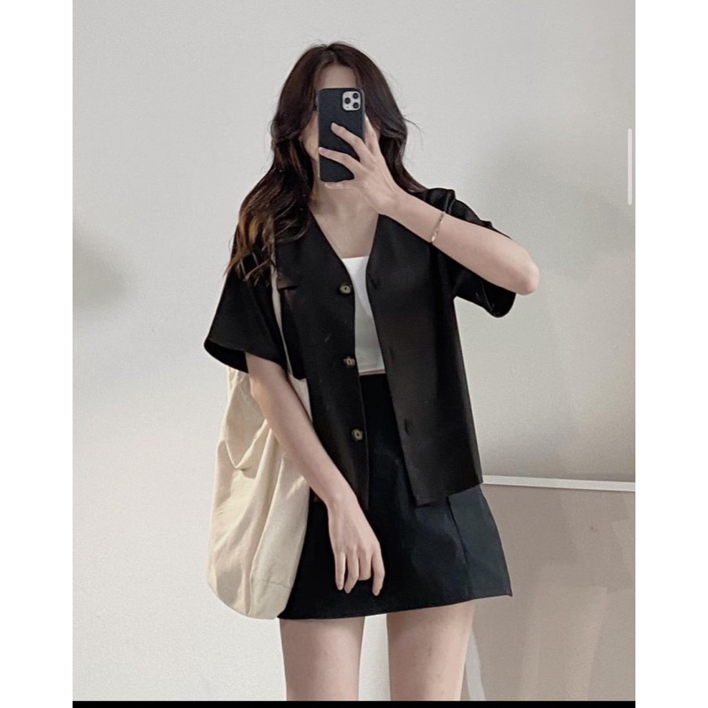 Áo Blazer Cộc Tay Cổ Tim 3 Cúc Phong Cách Vintage Basic Hàn Quốc