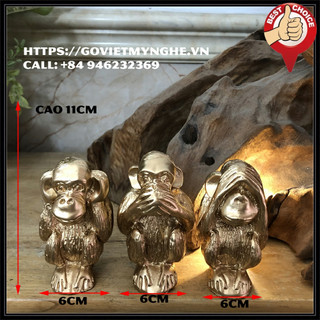 Bộ 3 Tượng đá trang trí bộ ba khỉ tam không - Cỡ trung cao 11cm - Màu nhũ đồng