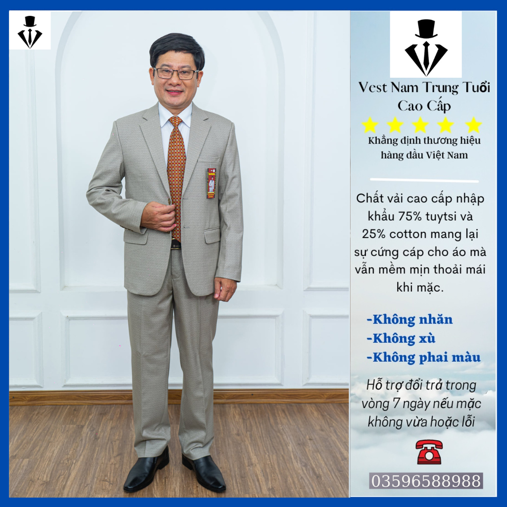 Bộ Vest Nam Trung Tuổi Hồng Ngọc cao cấp, Bộ Vest Trung Niên dáng suông hai khuy ( Tặng Cà Vạt )