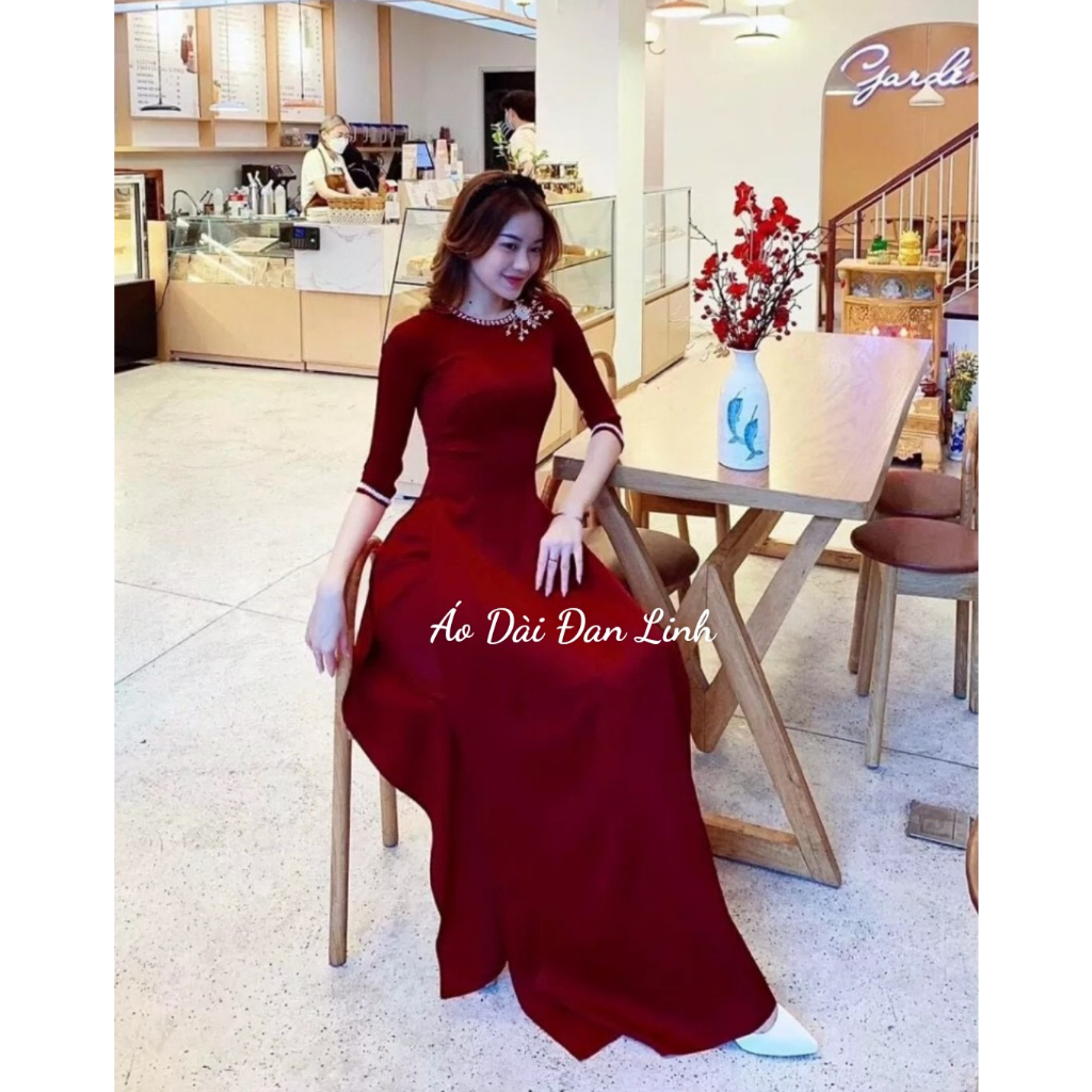 Áo dài màu đỏ đô kết ngọc sang trọng - Áo Dài Đan Linh