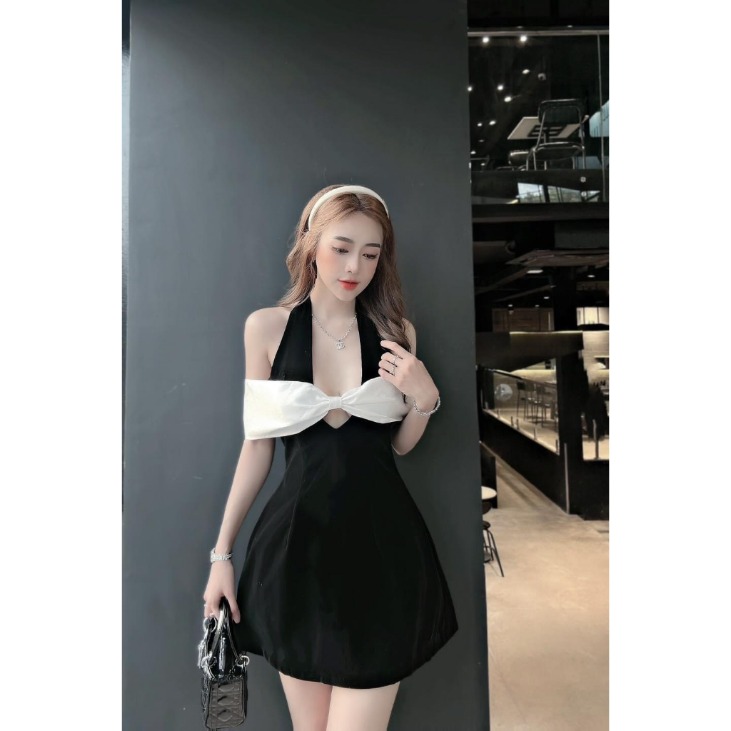Váy nhung cổ yếm vai rơi LADY DRESS phối nơ ngực