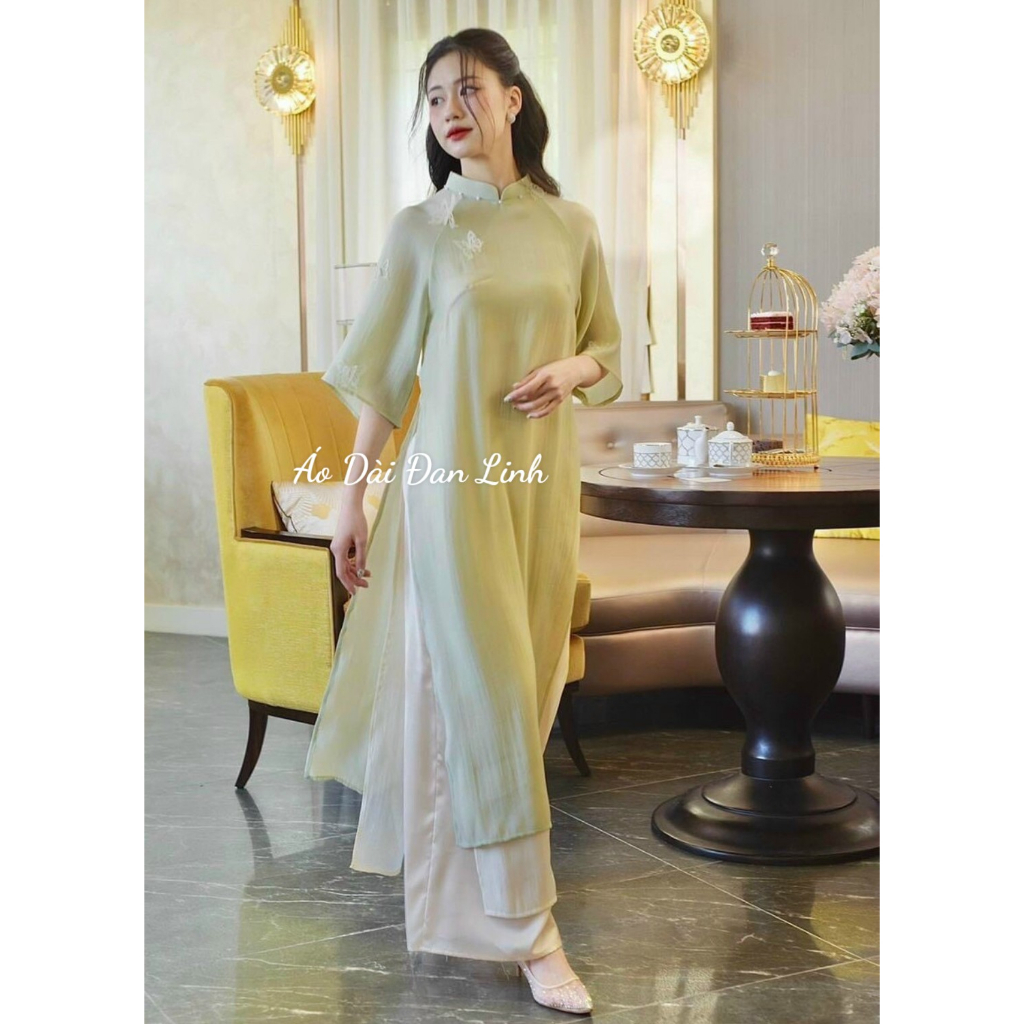 Áo dài dáng suông cao cấp màu xanh ngọc phối tà xinh - Áo Dài Đan Linh