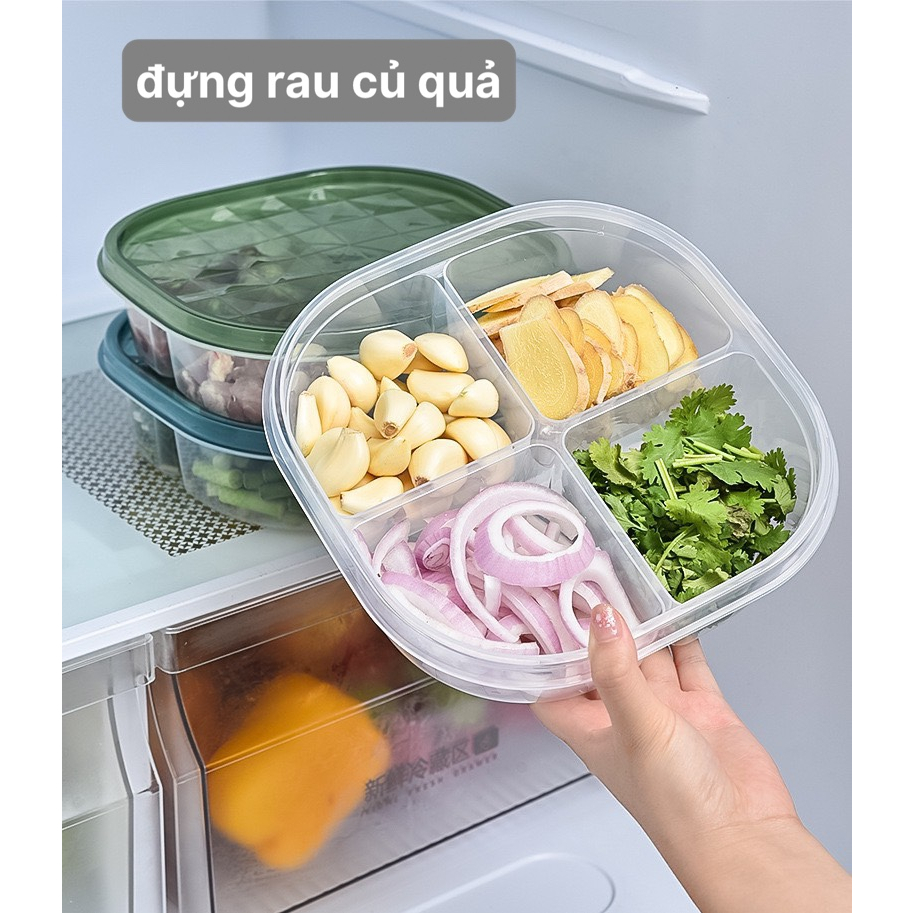 Hộp nhựa đựng thực phẩm chia 4 ngăn lớn, hộp trữ thức ăn có nắp trong tủ lạnh tiện lợi