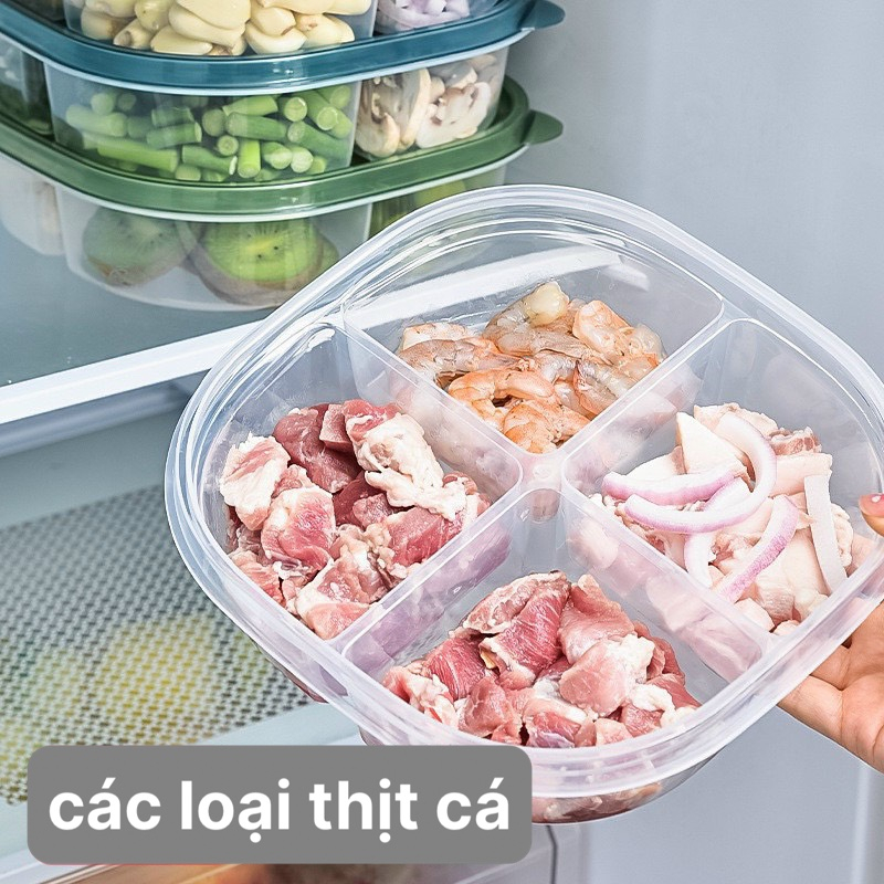 Hộp nhựa đựng thực phẩm chia 4 ngăn lớn, hộp trữ thức ăn có nắp trong tủ lạnh tiện lợi