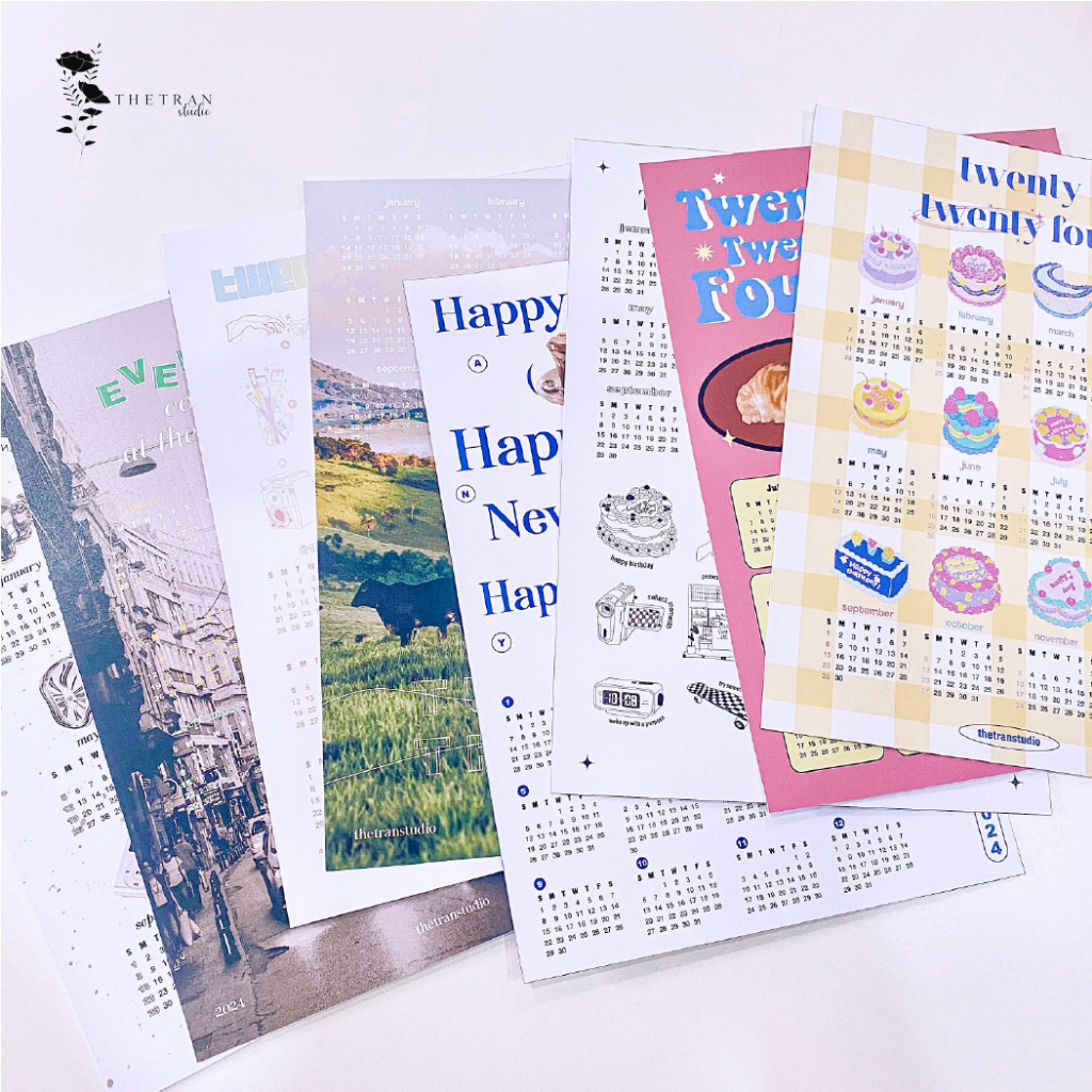 Lịch 2024 poster nghệ thuật trang trí dán tường A4 / 2024 calendar / thetranstudio