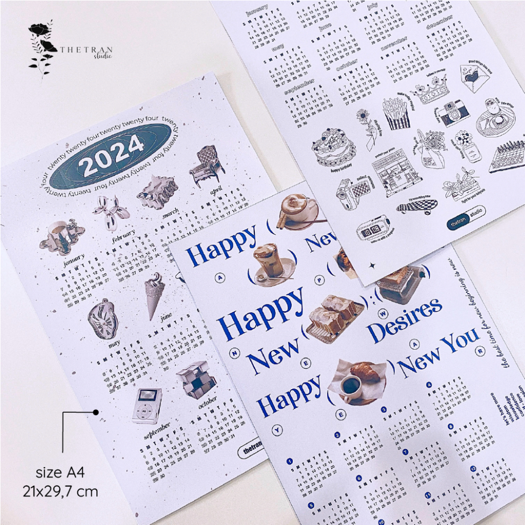 Lịch 2024 poster nghệ thuật trang trí dán tường A4 / 2024 calendar / thetranstudio