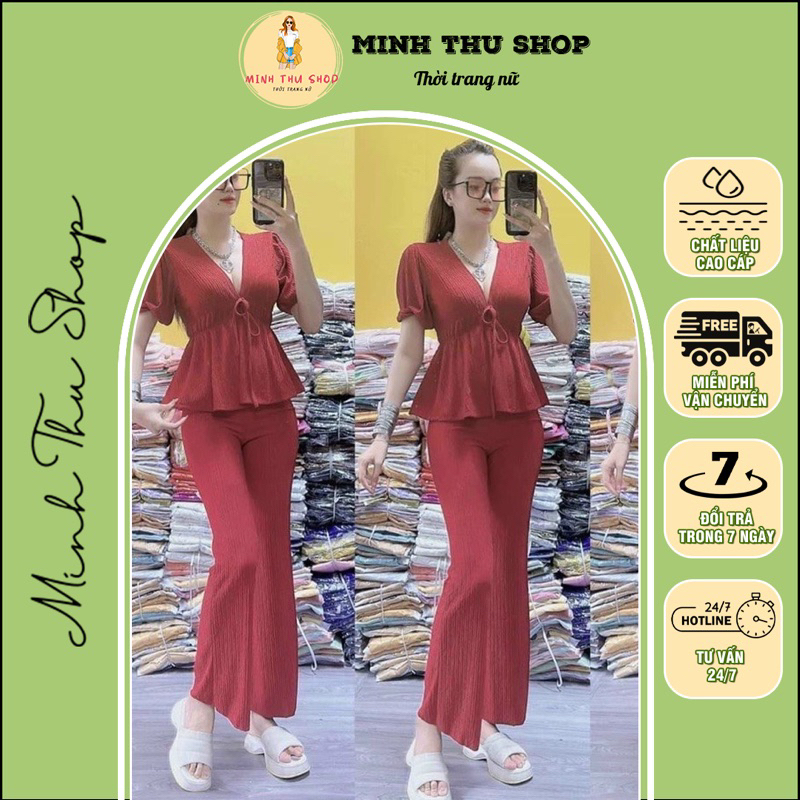 sét quần áo Minh Thu Shop, sét quần áo nữ xốp gân cổ V, đồ bộ nữ sang chảnh che khuyết điểm cực tốt nhiều màu