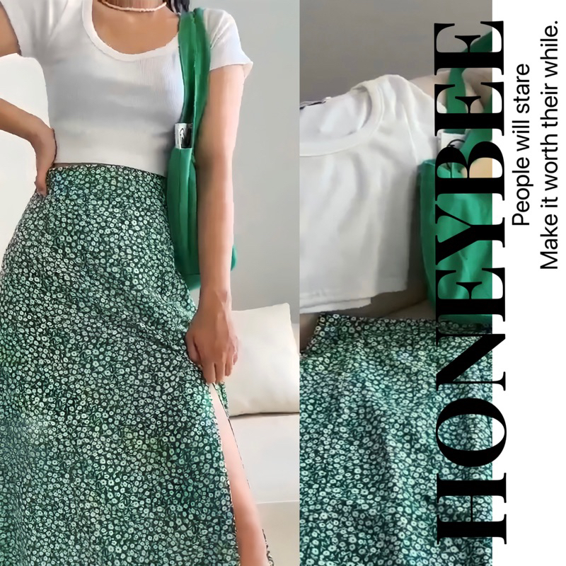 Chân váy chữ A dáng dài hoa nhí Xanh Honeybe store chất lụa mát, có lót trong HN-04