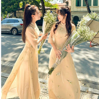 Áo dài cách tân cúc chi thêu hoa cao cấp chất liệu tơ thêu 4 tà