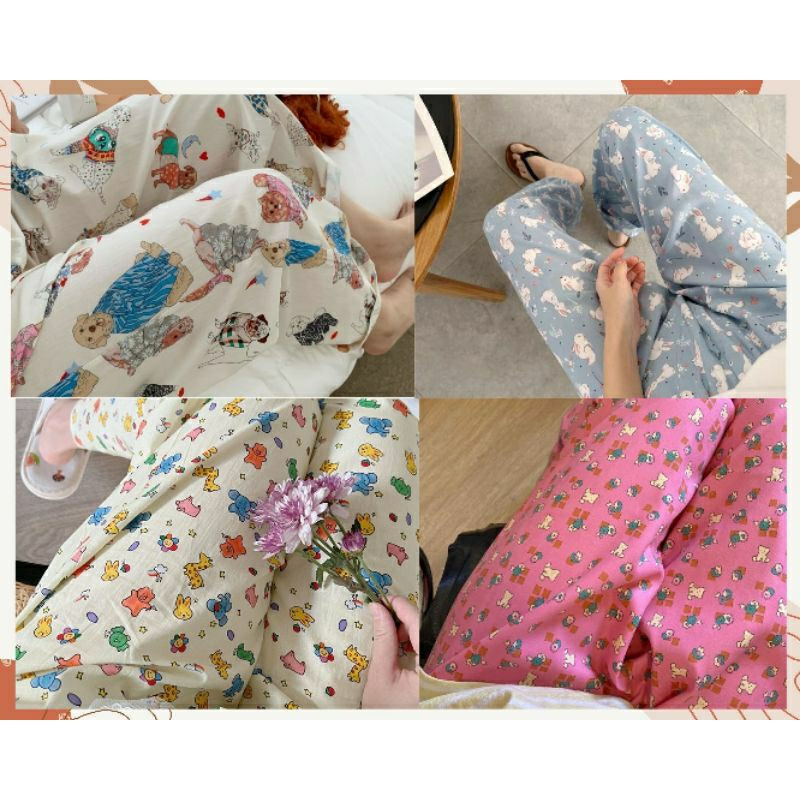 Quần ngủ ống rộng, quần pijama hoạ tiết hoạt hình cute phong cách Hàn Quốc