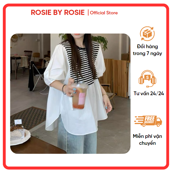 Áo babydoll, ao babydoll tay bồng phối thun kẻ ngang dáng xòe xẻ tà phong cách Hàn Quốc/RosieByRosie