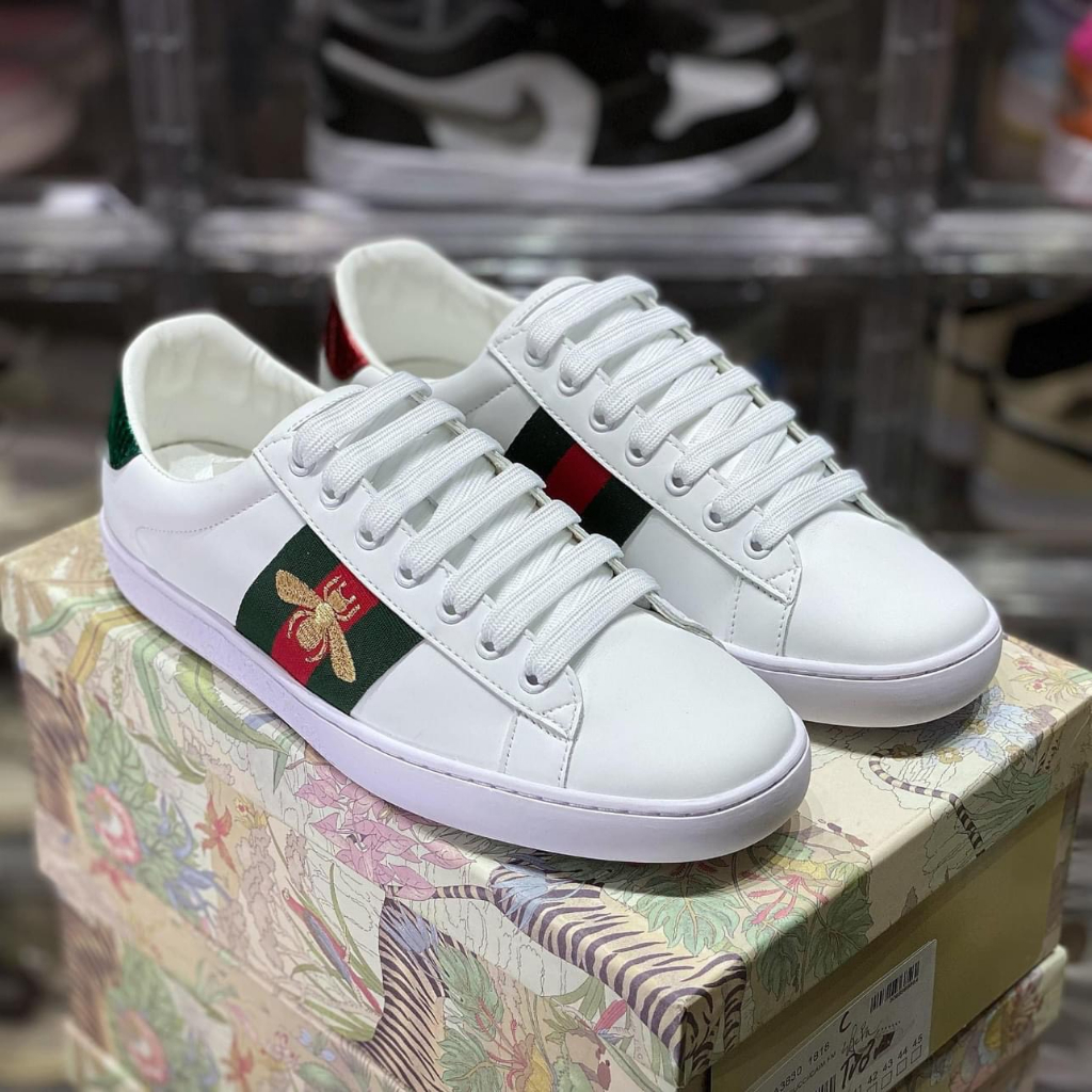 Giày Sneaker Guc.ci trắng trơn “ace” ba sọc tím đỏ, Giầy Thể Thao Guc.ci Full phụ kiện