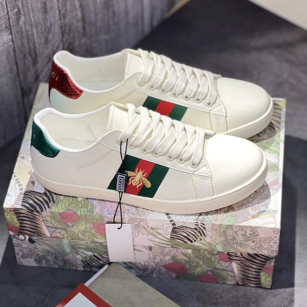 Giày Sneaker Guc.ci trắng trơn “ace” ba sọc tím đỏ, Giầy Thể Thao Guc.ci Full phụ kiện