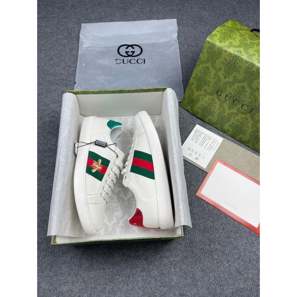 Giày Sneaker Guc.ci trắng trơn “ace” ba sọc tím đỏ, Giầy Thể Thao Guc.ci Full phụ kiện