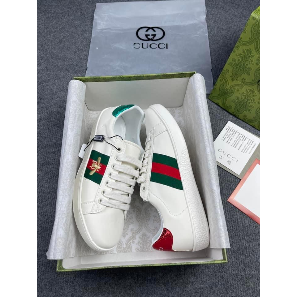 Giày Sneaker Guc.ci trắng trơn “ace” ba sọc tím đỏ, Giầy Thể Thao Guc.ci Full phụ kiện
