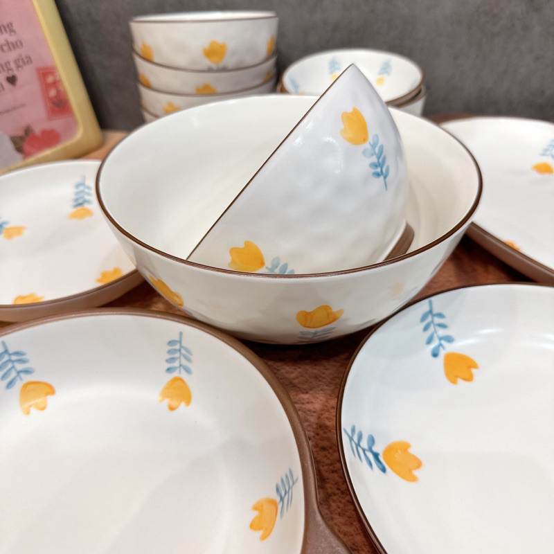 Bộ bát đĩa sứ hoa vàng vintage, bát đĩa decor Bắc Âu, tô dĩa sứ đẹp