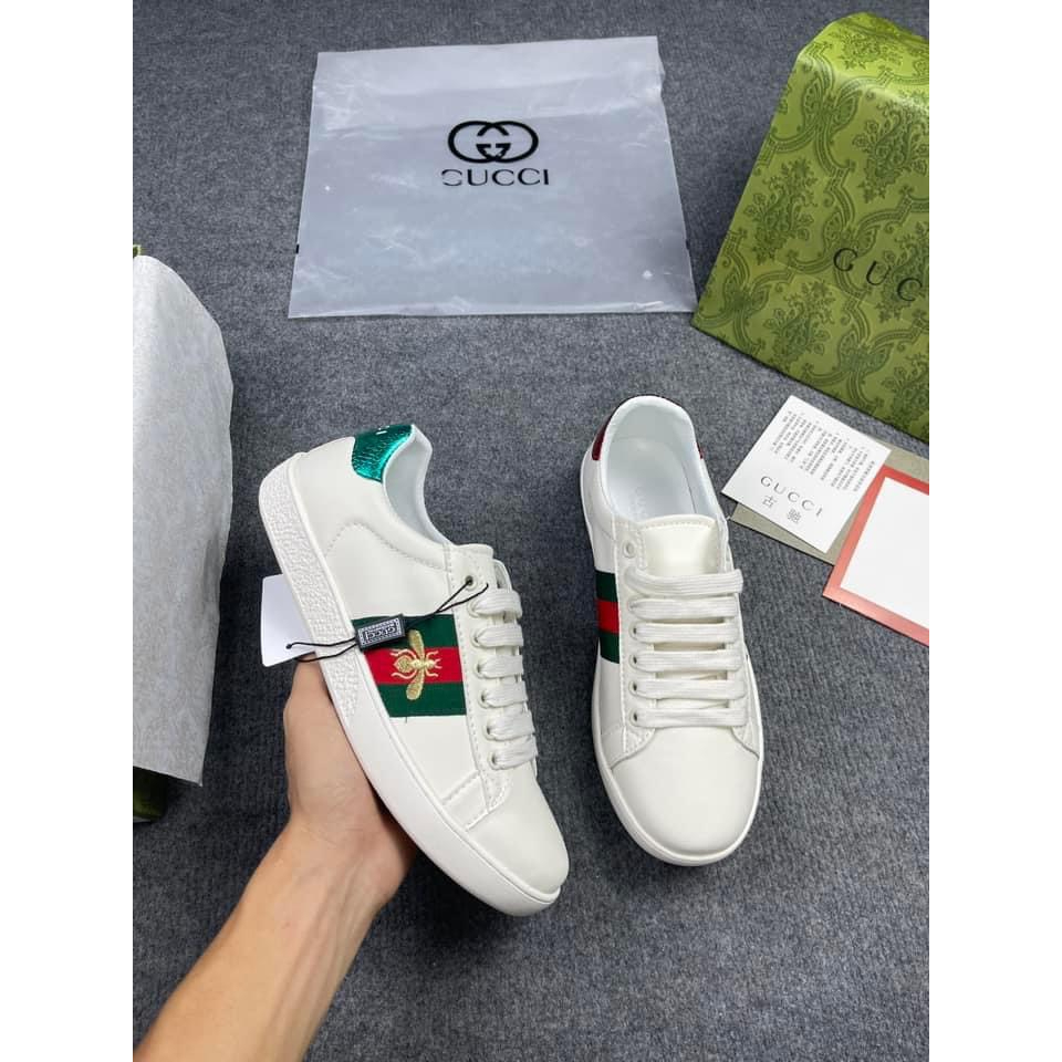 Giày Sneaker Guc.ci trắng trơn “ace” ba sọc tím đỏ, Giầy Thể Thao Guc.ci Full phụ kiện