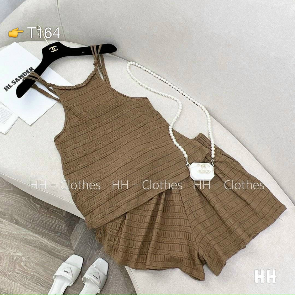 Set bộ nữ mặc nhà đi chơi áo 2 dây dáng ngắn mix quần đùi chất xốp mềm kiểu đường gân nổi xinh hot