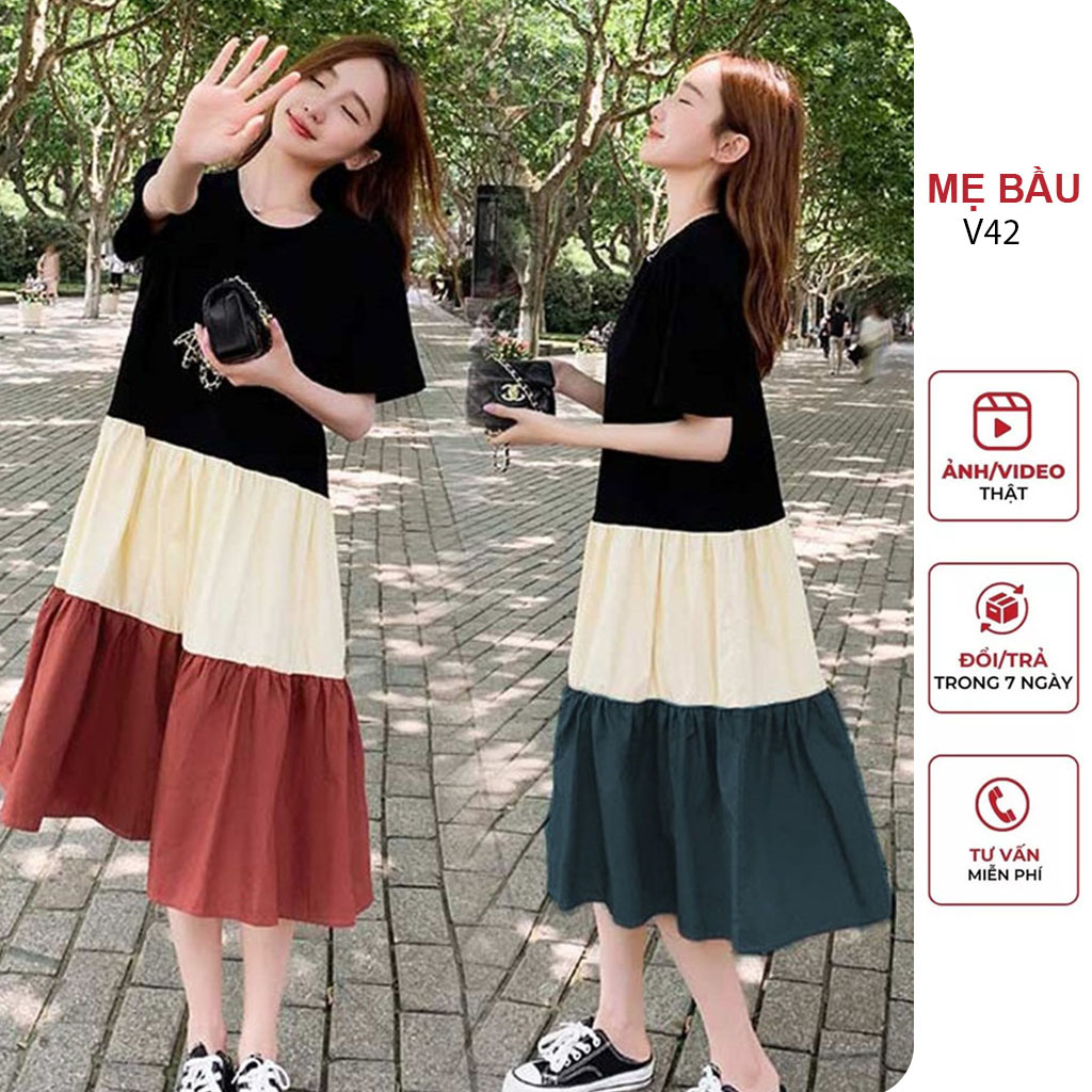 ĐẦM VÁY BẦU CÔNG SỞ MÙA HÈ HÀNG THIẾT KẾ ĐẸP CHẤT THUN COTTON - ĐẦM BABYDOLL THIẾT KẾ 3 TẦNG MÀU FREESIZE