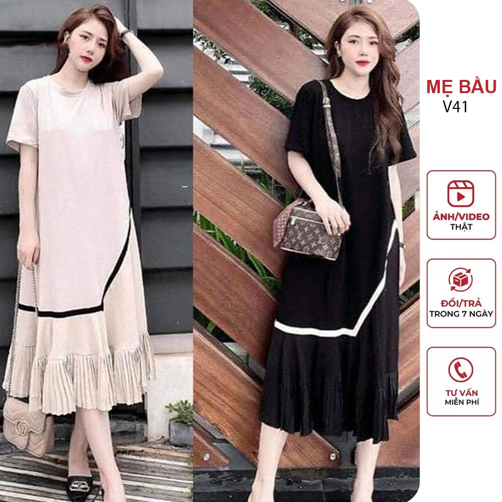 ĐẦM VÁY BẦU MÙA HÈ DÁNG SUÔNG DÀI RỘNG CHẤT THUN COTTON, VÁY BẦU CÔNG SỞ HÀNG THIẾT KẾ FREESIZE