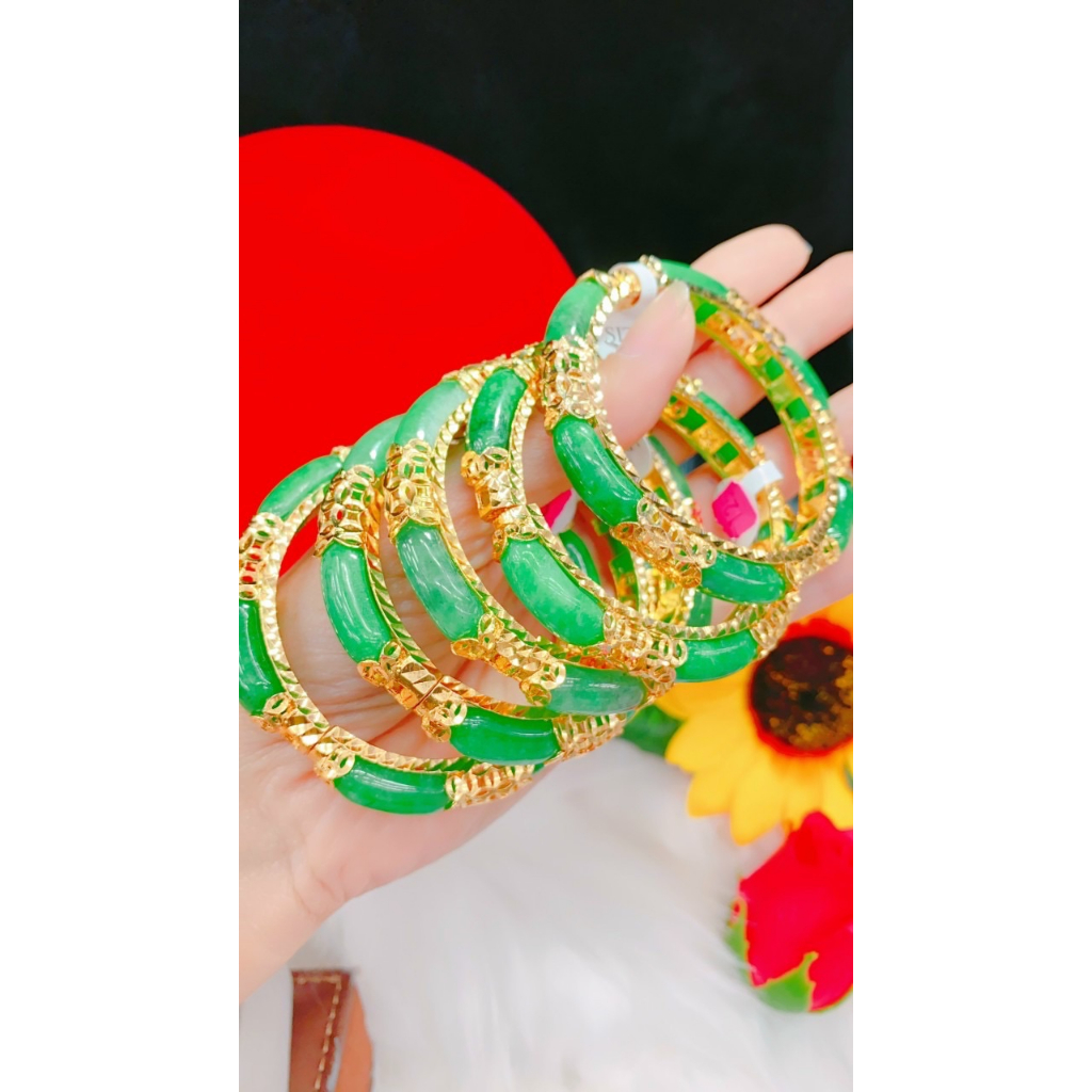 Vòng tay cẩm thạch xanh mạ vàng 18k cao cấp kiểu đồng tiền 100LL.010522