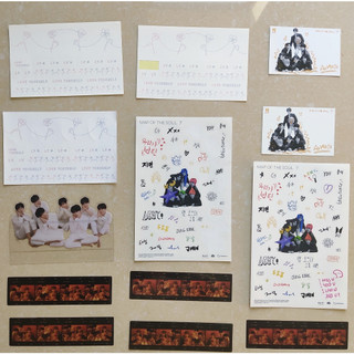 Sticker nhãn dán lys mots, film trong album persona và standee album lys tear của bts.