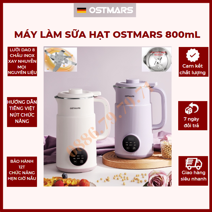 Máy Làm Sữa Hạt, Máy Nấu Sữa Hạt OSTMARS Chính Hãng 800ml - 8 Chức Năng Xay Nấu Tiện Lợi - 600W Bảo Hành 12Th