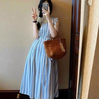 Đầm midi sát nách kẻ sọc kate thô chuẩn form kèm dây buộc nơ siêu xinh cho nữ 40-58kg tuỳ chiều cao