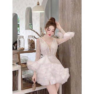 [Tegan Dress] Đầm thiết kế phối tay dài loe kèm váy bèo theo tầng kết đá đi tiệc, sinh nhật, cưới - mochouse83