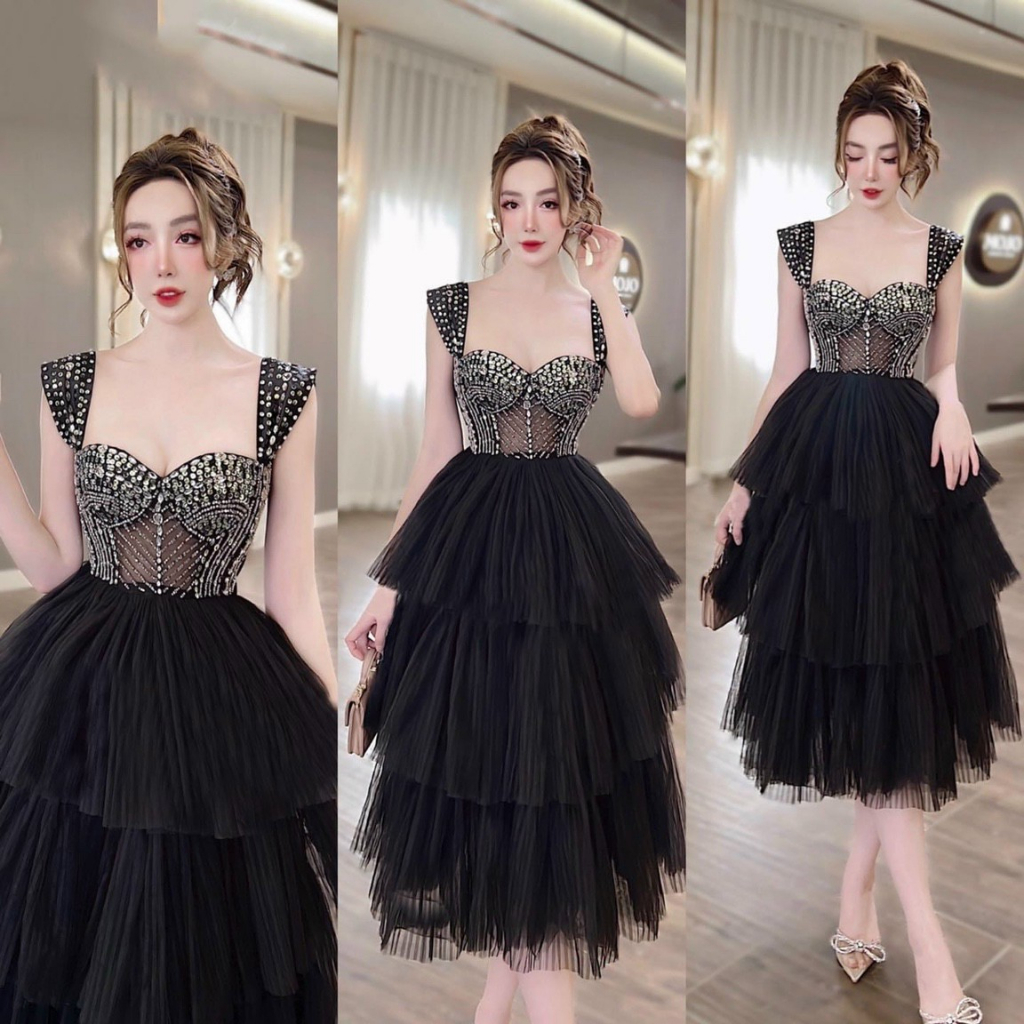 Đầm thiết kế hai dây váy xếp ly theo tầng đính đá lấp lánh đi sinh nhật, cưới, sự kiện - mochouse83