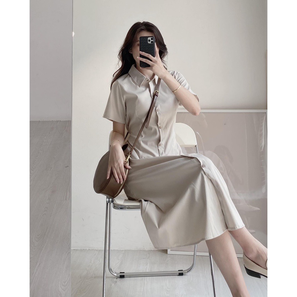 Váy Sơ Mi Kaki Vải Thô Tay Ngắn Mẫu Hot 2023 Dáng Dài Siêu Xinh Phù Hợp Với Mọi Lứa Tuổi
